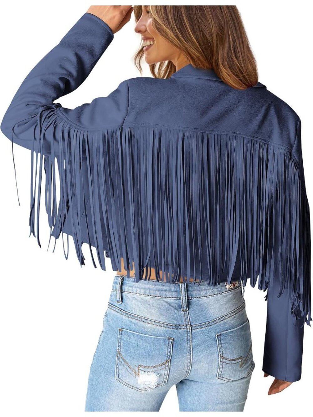 〽️Haze Blue Women's Fringe Faux Suede Cropped Western Moto Jacket - Picture 4 of 6